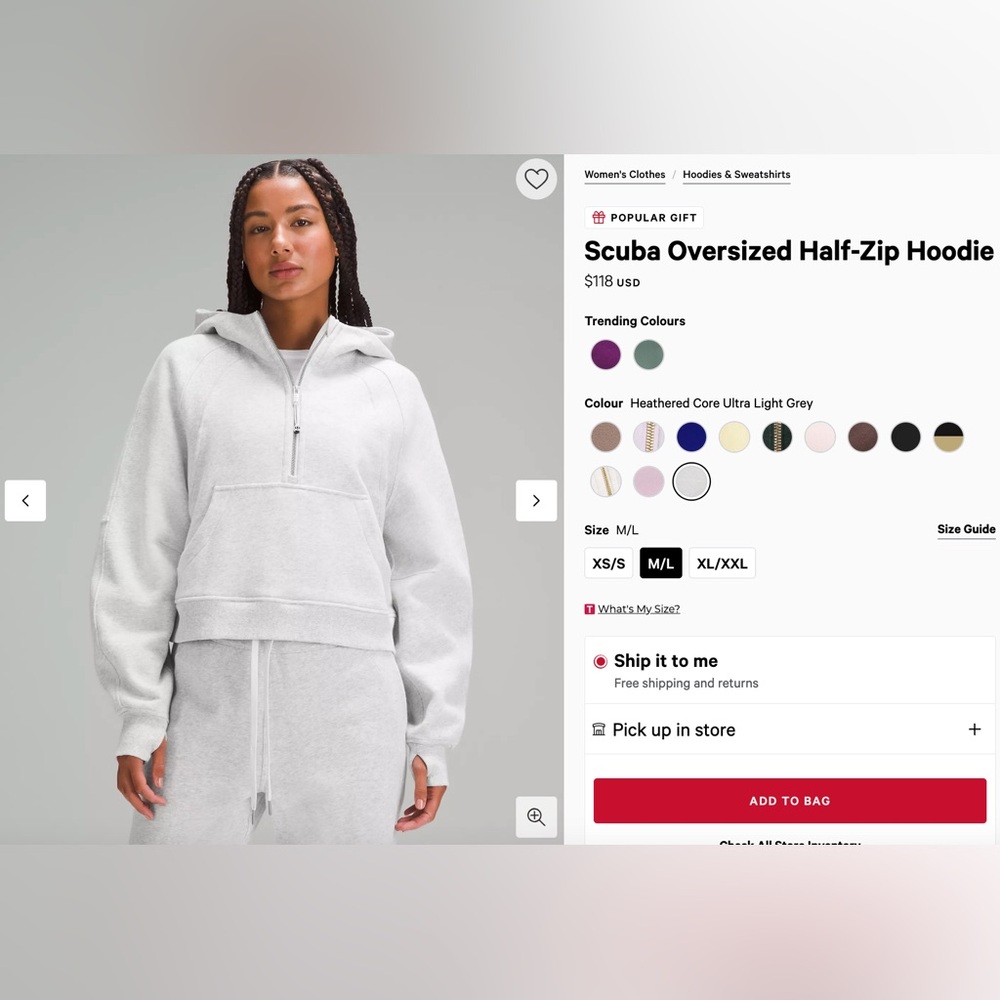 Lululemon Scuba Oversized Half-Zip Hoodie, Ultra Light Grey, Size XS/S